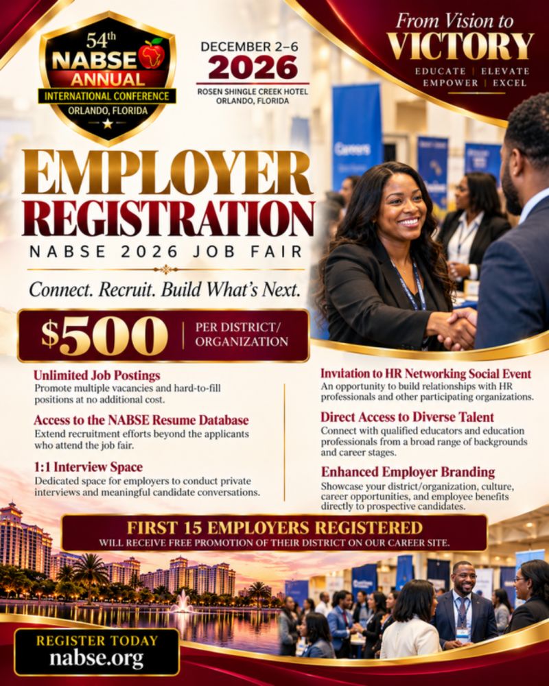 NABSE 2026 Job Fair Employer Registration flyer. $500 per district or organization. December 2 to 6, 2026, Rosen Shingle Creek Hotel, Orlando, Florida.