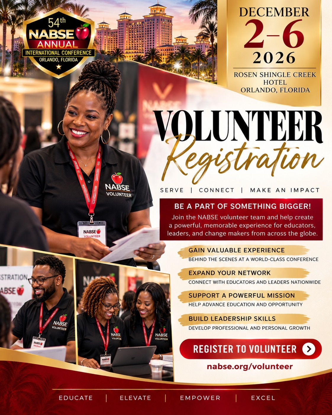 NABSE 2026 Volunteer Registration flyer. 54th NABSE Annual International Conference, December 2 to 6, 2026, Rosen Shingle Creek Hotel, Orlando, Florida. Serve, connect, make an impact. Register at nabse.org/volunteer.